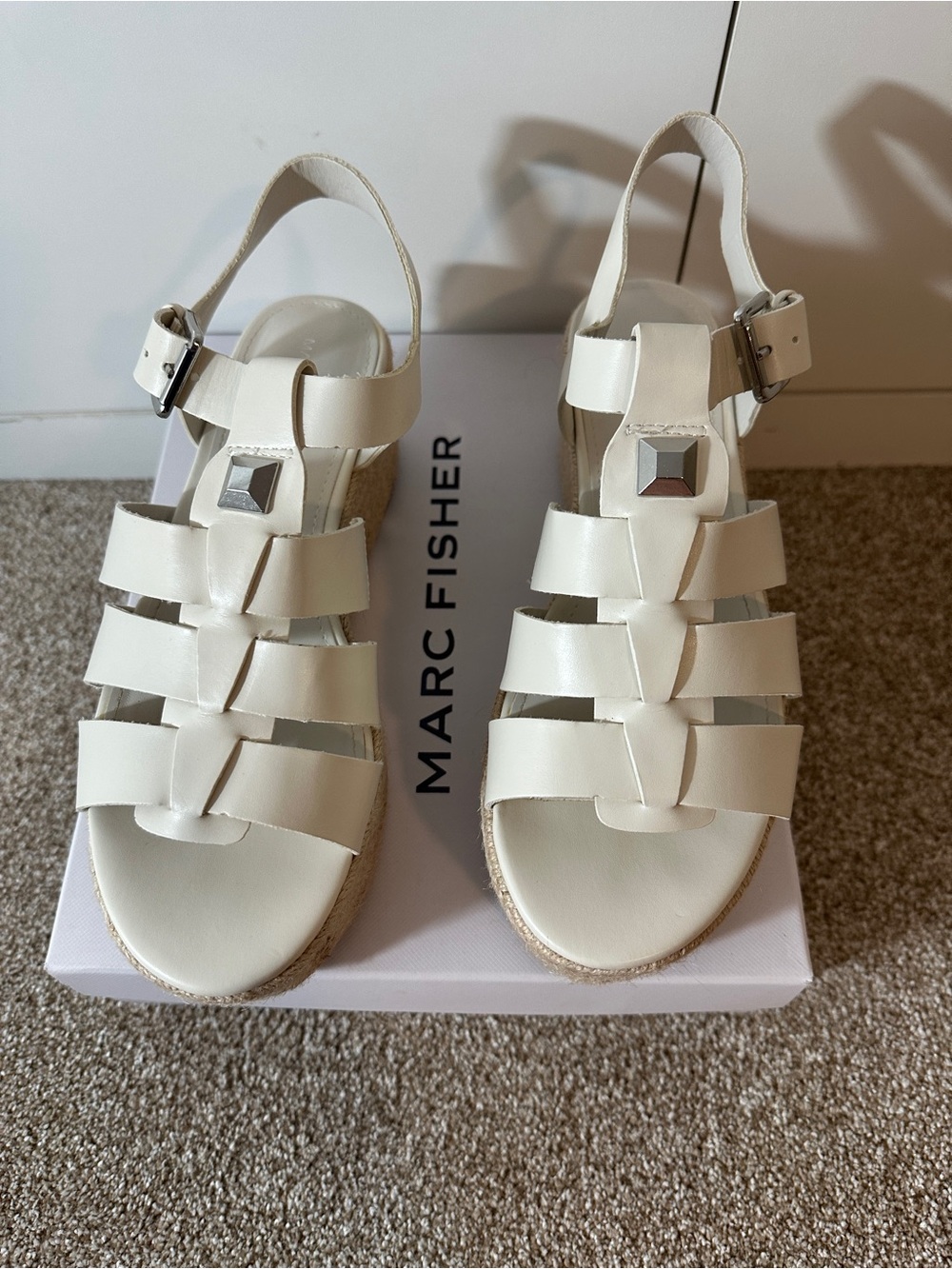 Marc Fisher Cream Woven Leather Espadrille Sandals with Silver Accent